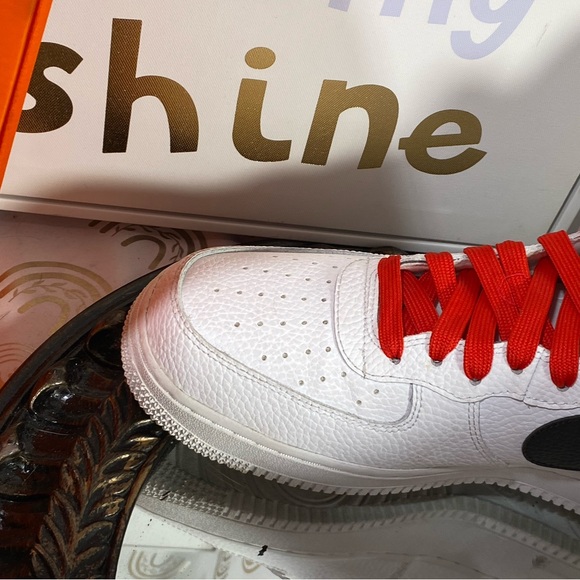 Air Force Ones Nike White and Black Athletic Shoes with Red Accents main image 9